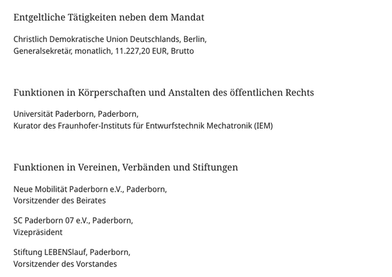 Entgeltliche Tétigkeiten neben dem Mandat

Christlich Demokratische Union Deutschlands, Berlin,

Generalsekretar, monatlich, 11.227,20 EUR, Brutto

Funktionen in Korperschaften und Anstalten des o6ffentlichen Rechts
Universitat Paderborn, Paderborn,

Kurator des Fraunhofer-Instituts fur Entwurfstechnik Mechatronik (IEM)
Funktionen in Vereinen, Verbanden und Stiftungen

Neue Mobilitat Paderborn e.V., Paderborn,

Vorsitzender des Beirates

SC Paderborn 07 e\V., Paderborn,

Vizeprasident

Stiftung LEBENSIauf, Paderborn,

Vorsitzender des Vorstandes