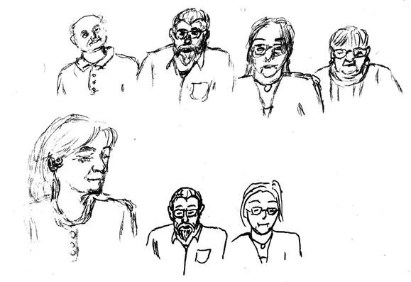 Fünf Zeichnungen mit Bleistift, zwei mit Tusche.

Ein Mann mit breiterem Gesicht, leicht nach oben blickend, in Bärtiger, eine härtere Frau, eine ältere Frau mit breiterem Gesicht.

Ein gröeres Gesicht blckt zur Seite.

Die zwei mittleren in Bleistift nochmal halbwegs in Tusche skizziert.