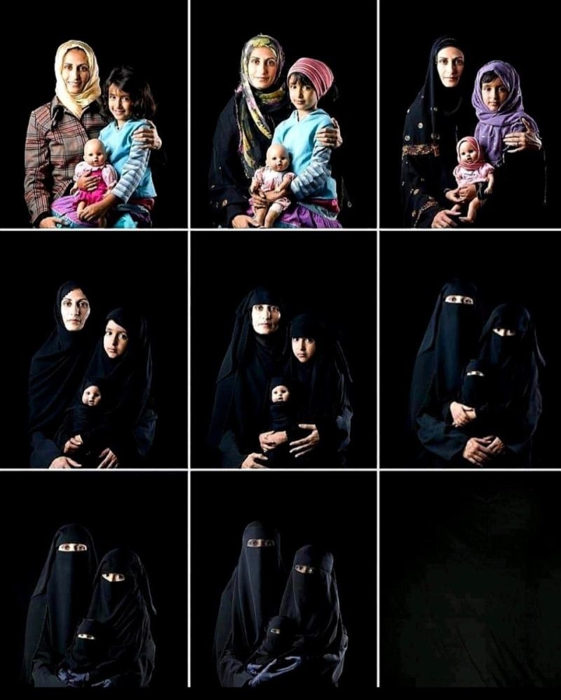Collage of 9 photographs in which with each image the veils of the three female generations depicted become more and more, until finally nothing is visible.