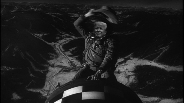 Trump zit op een raket, parodie op Dr Strangelove