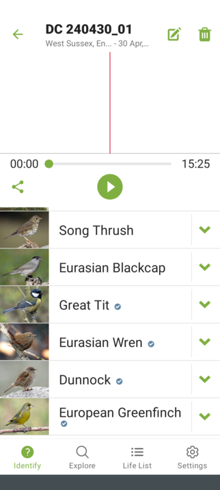 Screenshot of a mobile app "Merlin". Shows a list of identified bird species in a sound file.