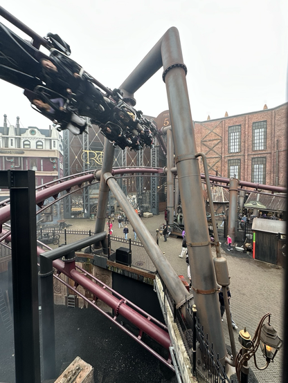 The F.L.Y. rollercoaster in Phantasialand, Germany. The flying-style coaster takes you up, around and through the steampunk themed area and feels very close to the ground. Great fun!