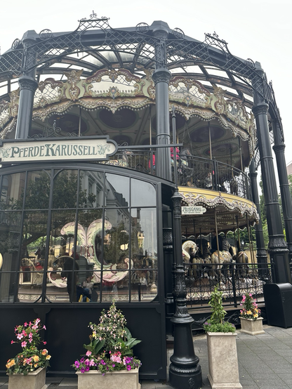The two-storey ‘Pferde Karussell’ traditional horse carousel ride in Phantasialand. We rode the horse upstairs for a nice view of the park gardens.