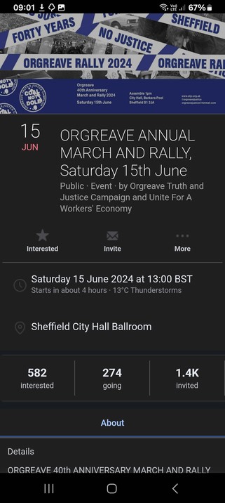 Screenshot from Facebook giving details on the annual Orgreave justice rally. Date is 15th June 2024, time 1300, at Sheffield City Hall. 