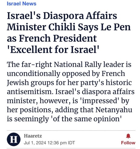 Israel News
Israel's Diaspora Affairs
Minister Chikli Says Le Pen
as French President
'Excellent for Israel'
The far-right National Rally leader is
unconditionally opposed by French
Jewish groups for her party's historic
antisemitism. Israel's diaspora affairs
minister, however, is 'impressed' by
her positions, adding that Netanyahu
is seemingly 'of the same opinion'
Haaretz
Jul 1, 2024 12:36 pm IDT
Follow