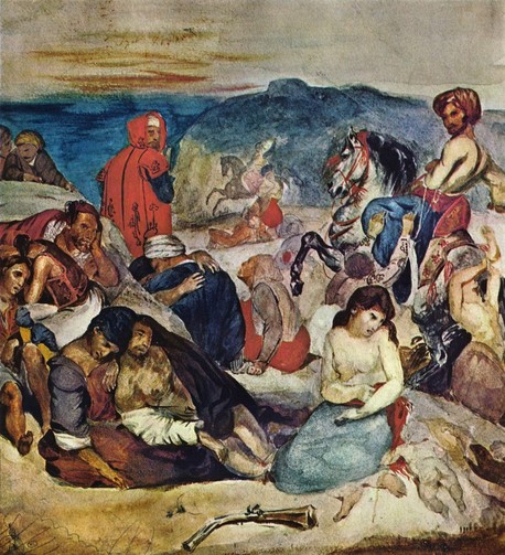 A watercolor study for the more famous later oil painting, Massacre at Chios, is showing an exotic and colorful tangle of bodies roughly grouped into two pyramids, a layout much more defined in the final oil version.