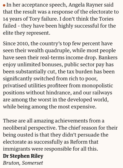 A screenshot of a letter from The Guardian.

In her acceptance speech, Angela Rayner said that the result was a response of the electorate to 14 years of Tory failure. I don’t think the Tories failed – they have been highly successful for the elite they represent.

Since 2010, the country’s top few percent have seen their wealth quadruple, while most people have seen their real-terms income drop. Bankers enjoy unlimited bonuses, public sector pay has been substantially cut, the tax burden has been significantly switched from rich to poor, privatised utilities profiteer from monopolistic positions without hindrance, and our railways are among the worst in the developed world, while being among the most expensive.

These are all amazing achievements from a neoliberal perspective. The chief reason for their being ousted is that they didn’t persuade the electorate as successfully as Reform that immigrants were responsible for all this.
Dr Stephen Riley
Bruton, Somerset