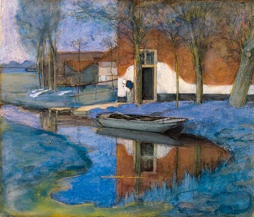 An early Mondrian showing a tranquil Dutch rural farm reflected in a still canal, in vibrant watery colors, blue and rust and beige and a bit of murky green. There is a moored boat and a female figure beside a door at the center of the painting.