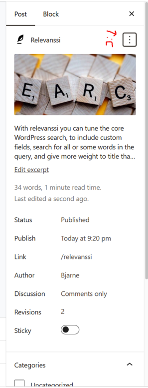 Screenshot of the new post data panel in WordPress 6.6, showing status, published date, url, author, discussion, revisions and sticky settings. 