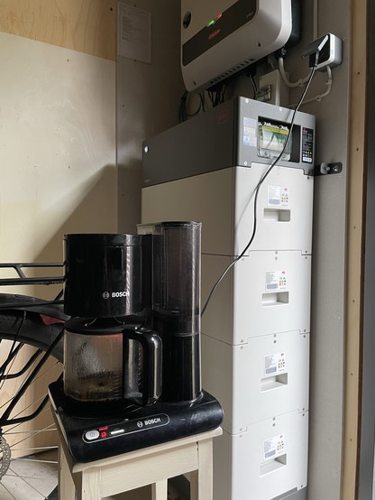 Coffee maker on a small table next to a battery storage system.