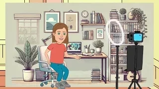 Thumbnail für ein youtube video. Es zeigt die Illustration einer weiblichen Person mit braunen Haaren und rotem T-Shirt, die auf einem Bürostuhl vor einem Schreibtisch sitzt. Im Hintergrund befinden sich Bücherregale mit Büchern und Pflanzen. Auf dem Schreibtisch steht ein Laptop, und vor der Person sind ein Ringlicht und eine Kamera auf einem Stativ aufgebaut.