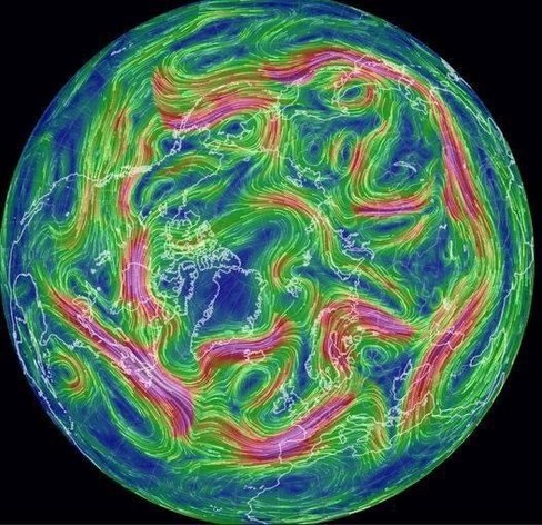 Graphic of the Earth's atmospheric jet streams shown in bright colors, with chaotic flow patterns highlighted in red, green, and blue.