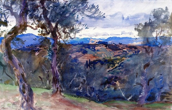 A watercolor vista of mountains and valleys into the distance with gnarly (what may be olives or mountain pine) trees in the foreground. The colors lean heavily toward blues and greens and yet the scene somehow appears warm, even torrid.