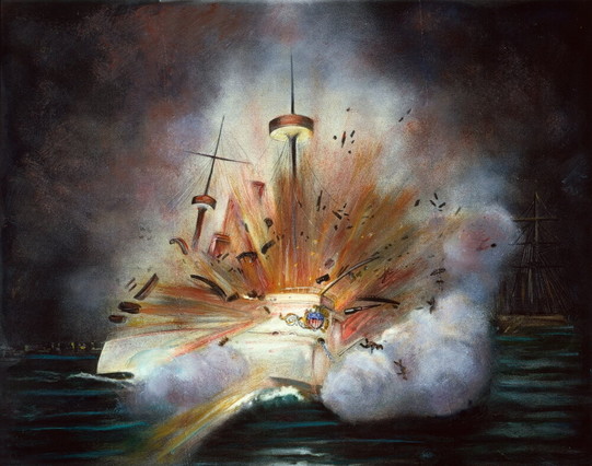 An idealized lithograph of the battleship Maine exploding in Havana Harbor in 1898, killing hundreds of US soldiers. The sensationalist American 
