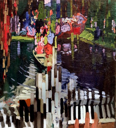 A painting on the way from impressionism to abstraction and also with an element of surrealism. It depicts piano keys on water as if reflected under a boat.