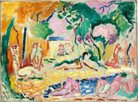 An idealized fauvist landscape populated by lounging nudes.