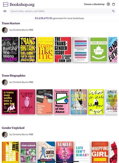 Screenshot of a Bookshop.Org affiliate page showing book covers set out on virtual shelves with topics such as Trans Starters, Trans Biographies and Gender Unpicked
