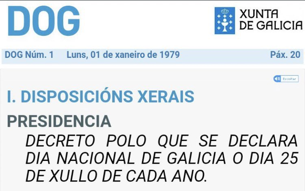 DOG do 1 de xaneiro de 1979 no que se publica o Decreto de Presidencia que proclama o 25 de xullo como Día Nacional de Galicia.