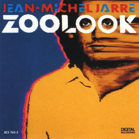 Album cover of Jean-Michel Jarres album Zoolook. A pixelated Jarre, eyes looking through the OO's of Zoolook.