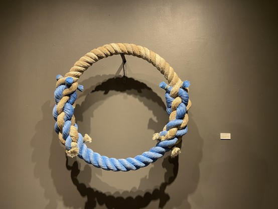 An artwork at the New Bedford Museum of Art titled Echoes From Far Away
By Alex Buchanan, 2024
Retired nylon and polypropylene ropes, steel, copper 42