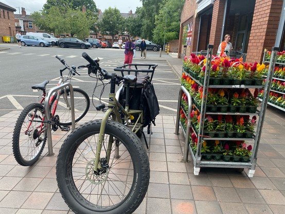 A set of 3 bike stands outside a supermarket. One stand is obstructed by a trolley of plants. Car park in the background.