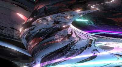 Screenshot of a ray-marched fractal with light effects and colourful ribbons