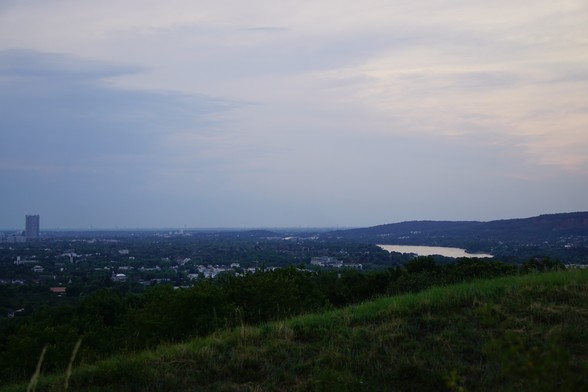 A scenic view from a hillside overlooking a sprawling cityscape and greenery, with a river and hills in the distance under a partly cloudy sky.