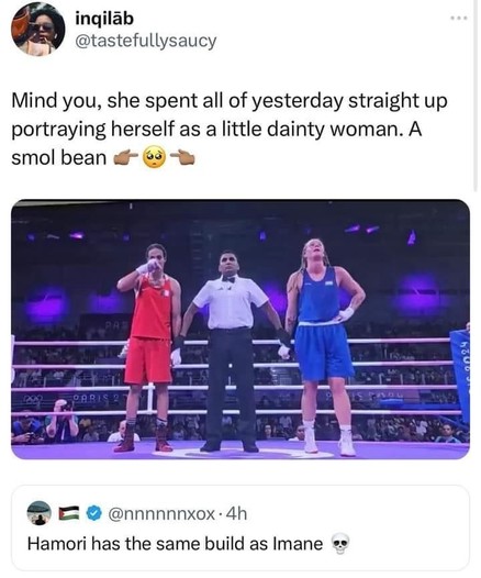 A tweet featuring two female boxers in a ring with a referee holding their arms, one in red and the other in blue. The tweet's text contrasts the boxer's athletic appearance with her previous portrayal as delicate. They have the same appearance. 