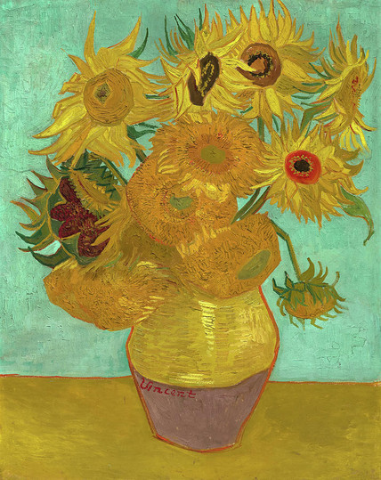 A brightened (some might claim more faithful to van Gogh's original work) version of sunflowers in a vase.