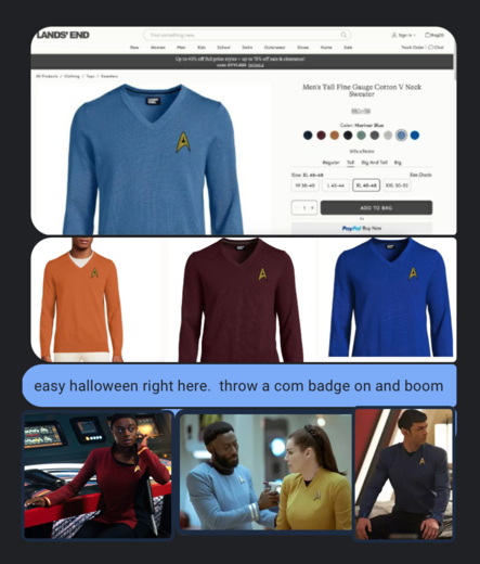 A composite image showcasing Star Trek-inspired clothing and scenes:

Top section: 
1. Lands' End product page for a 