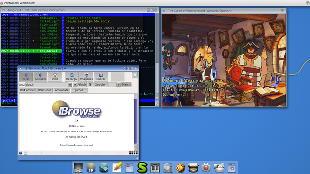 IBrowse se ve en una captura de pantalla. Se ve que tengo sshterm abierto y the curse of monkey island en scummvm.