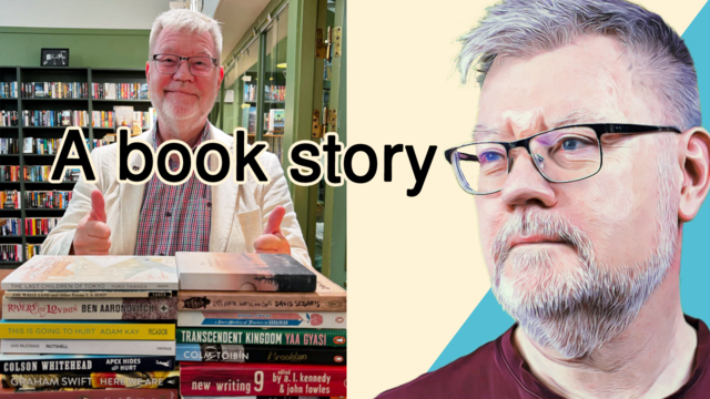 YouTube thumbnail for my music video A book story. To the right a stylised portrait of me, to the left a photo of a smiling, graybeard (me again) giving a thumbs up over a pile of books in a  bookshop