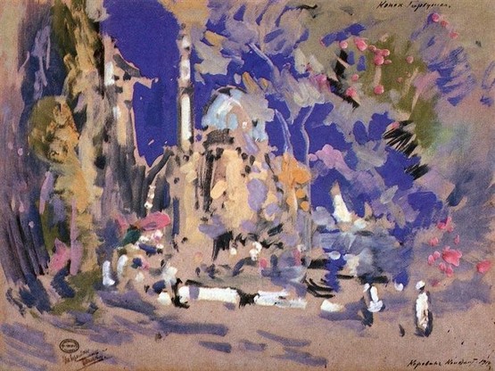 A painted sketch for the backdrop of a ballet production. It's mostly impressionistic with swathes of blue and beige and green, with some pink purple white.