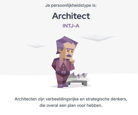 Persoonlijkstype: Architect INTJ-A

Architecten zijn verbeeldingsrijke en strategische denkers, die overal een plan voor hebben.