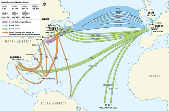 A map of the Atlantic ocean showing showing the routes, dates, and destinations of acadians who were expelled from eastern Canada.