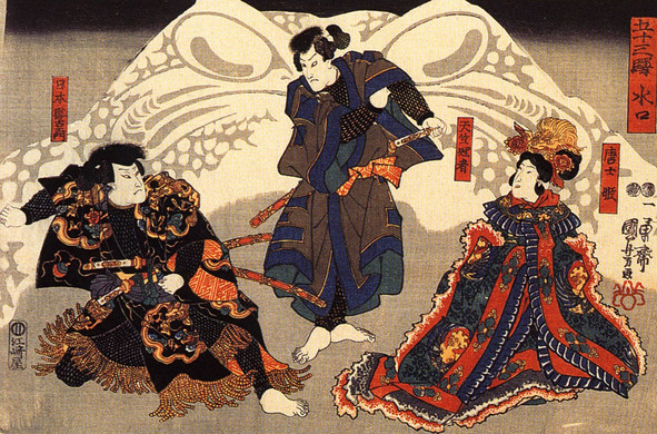 In this painting, three richly dressed actors in a play perform in front of the face of a giant two-tone toad as backdrop.