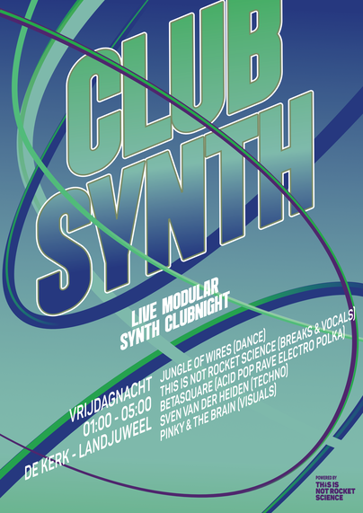 Blauw groene promotie poster voor Clubsynth 
met line-up Jungle of Wires, This is Not Rocket Science, Betasquare en Sven van der Heiden 
Pinky & the Brain doen visuals