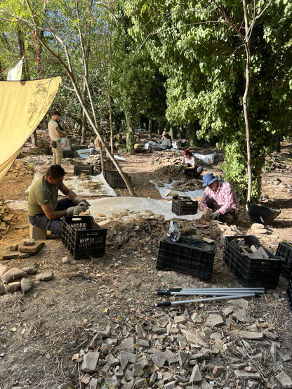 People sitting under trees cleaning and sorting fragments of roof tiles