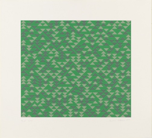 A lithograph in green and gray with small triangles densely populating the green background. The wide paper border is part of the piece. If her painted work resembles textiles it's because that was her first and most famous love.