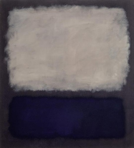 A classic Rothko painting with a whitish gray squared cloud above and a deep blue one below, with a more tertiary duller blue all around them.