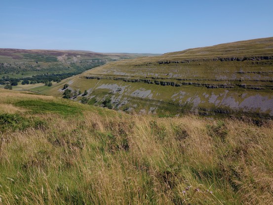 A cloudless summer's day high up in an open landscape - grasses already going gold, heather on the tops just starting to turn. The view is of part of a steep-sided valley, with rough limestone crags in horizontal layers. The valley opens out into another wider valley running perpendicular, with a glimpse of a small village and clusters of dark green trees.