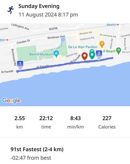 Map of a seafront run, two and a half km in twenty two minutes.