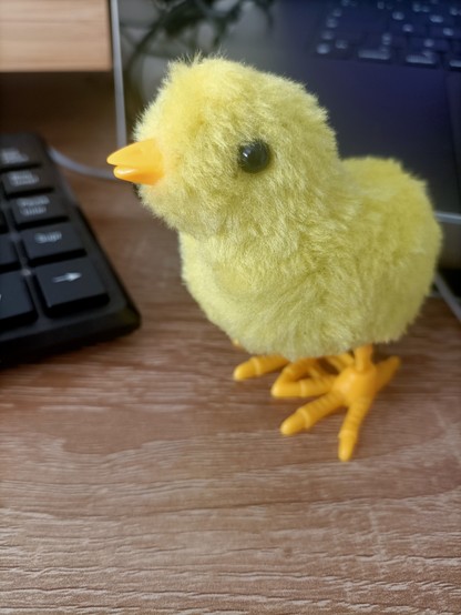 Un pajarito de los que saltan a cuerda, amarillo, con cara de haber visto cosas.

De fondo un portátil y el teclado anterior