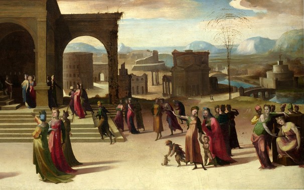 A wide Renaissance-era landscape painting featuring many ruins and architectural elements and telling a narrative in vignettes, but the style is bucolic and idiosyncratic compared to his Mannerist contemporaries