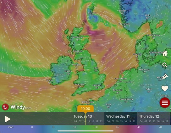 Overview of the British Isles viewed on the Windy app. Wind speed is denoted by the colouring and direction is indicated by the streaks that move on the live map. The whole country is surrounded by strong winds (but less than they CAN be)