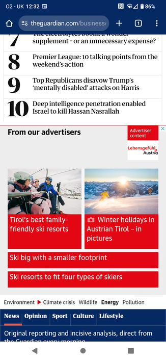 Screenshot of an advert for a skiing holiday in Austria. A prospect I find too distasteful to write more about.