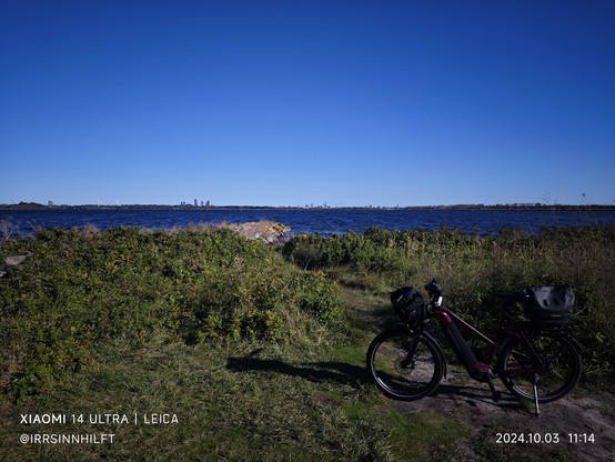 Ein Pedelec auf der Wiese, dahinter Hagebutten-Sträucher, blaues @asser und die Skyline von Kopenhagen klitzeklein vor dem blauen, wolkenlosen Himmel 