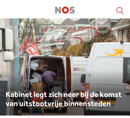 Foto van kop van NOS artikel: Kabinet legt zich neer bij de komst van uitstootvrije binnensteden.