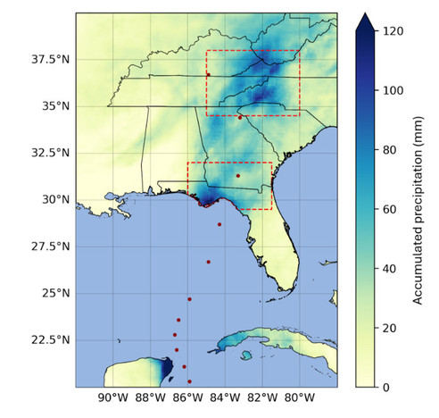 Accumulated precipitation over the southeastern US from 25-27th September 2024. The track of Hurricane Helene is shown as a series of red points, and the red regions are those used for extreme rainfall analysis in section 2 of this report. The borders of the affected states are shown for reference. Data from IMERG.