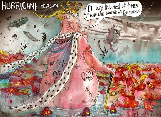 Political cartoon satirizing Trump in Florida during a hurricane. He's wearing no clothes but a transparent sable cape. His body is tattooed with attributes like quid pro quo and me the people, among other racier implications of passive sex with Putin. Around him is the debris of the GOP. He's saying, 